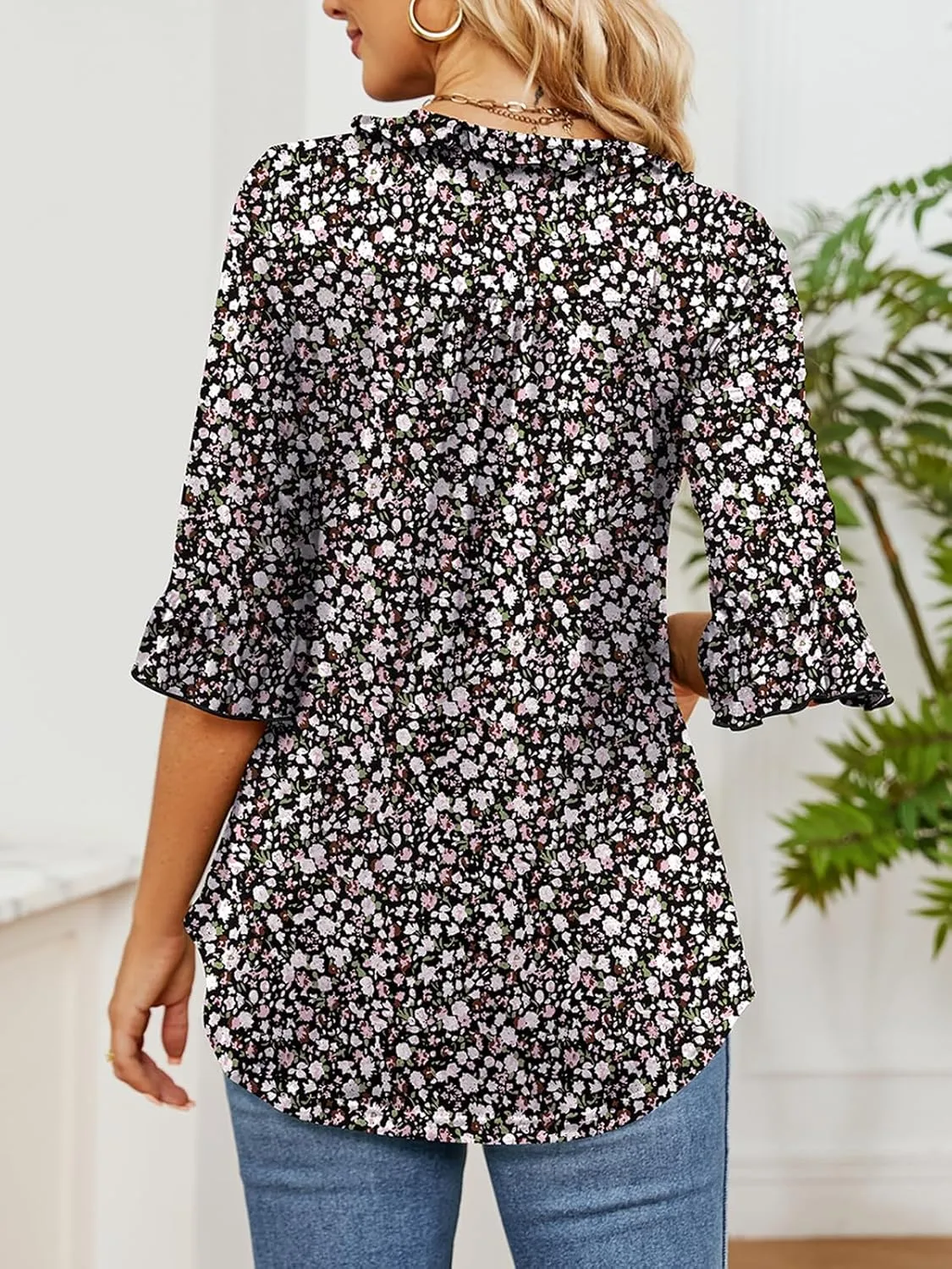 Poetsky Women's 3/4 Sleeve Tops Casual V Neck Shirts Loose Ruffle Tunic Blouses
