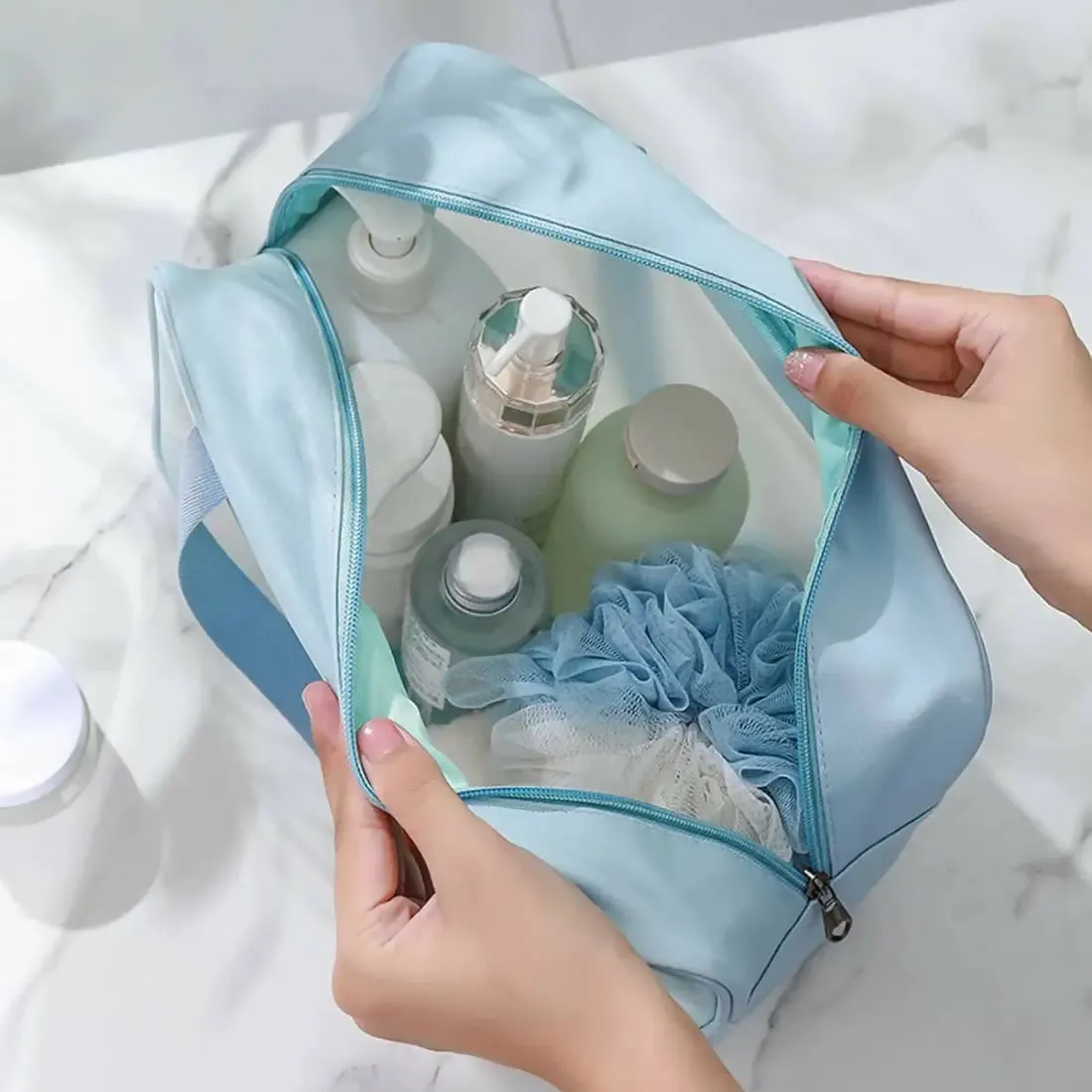 Portable Makeup Organizer Bag WASHBAG Blue Small