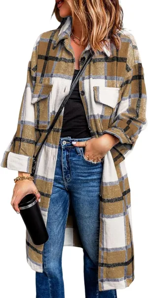 PRETTYGARDEN Women's 2025 Plaid Shacket Jacket Long Sleeve Button Down Shirts Fashion Winter Wool Coats