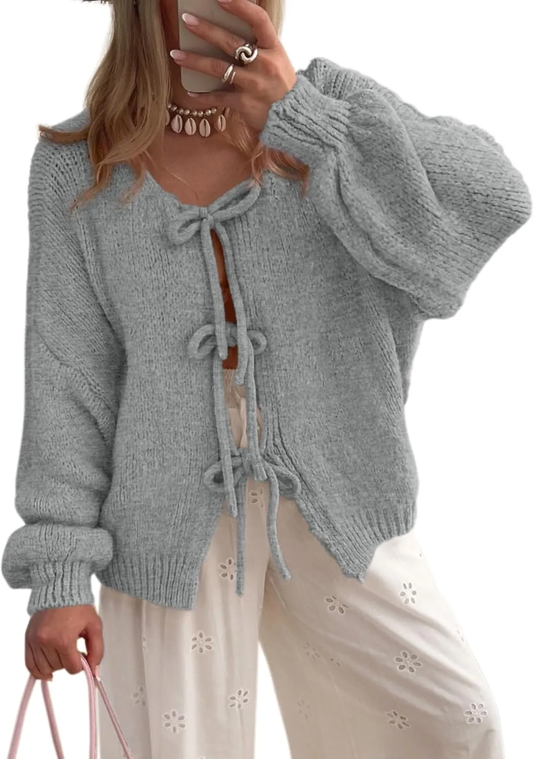 PRETTYGARDEN Women's Tie Front Bow Cardigan Sweaters Chunky Knit Long Puff Sleeve Trendy Fall Winter Jacket Coats