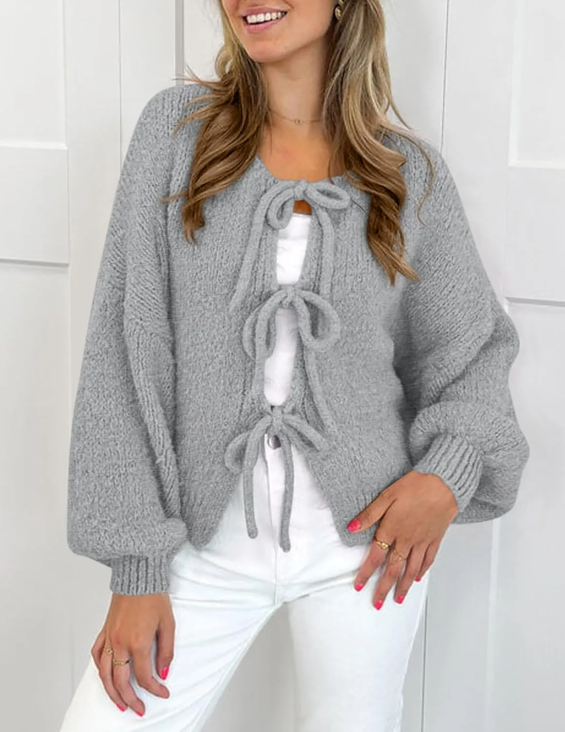 PRETTYGARDEN Women's Tie Front Bow Cardigan Sweaters Chunky Knit Long Puff Sleeve Trendy Fall Winter Jacket Coats