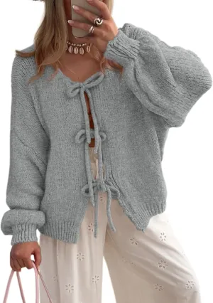 PRETTYGARDEN Women's Tie Front Bow Cardigan Sweaters Chunky Knit Long Puff Sleeve Trendy Fall Winter Jacket Coats