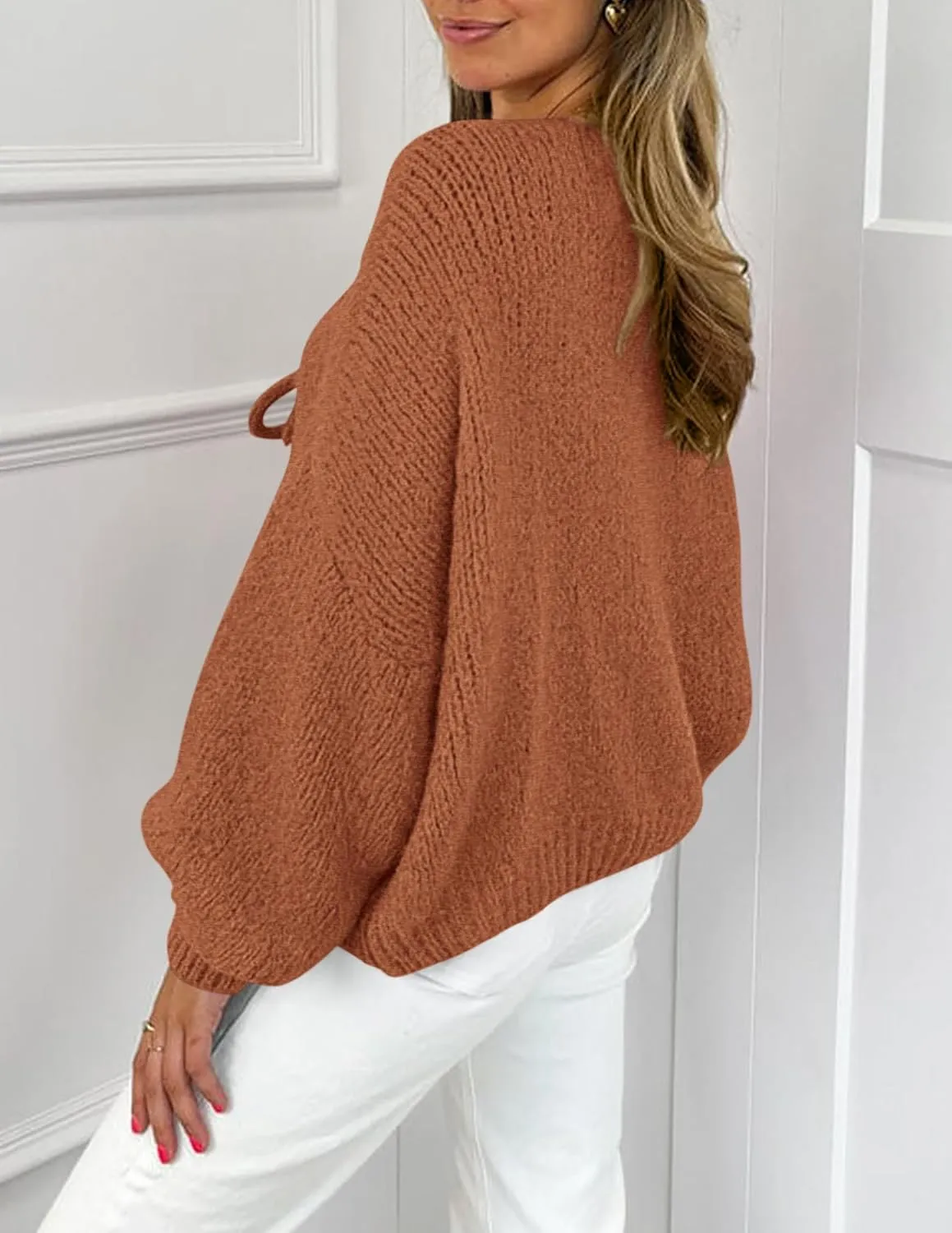 PRETTYGARDEN Women's Tie Front Bow Cardigan Sweaters Chunky Knit Long Puff Sleeve Trendy Fall Winter Jacket Coats