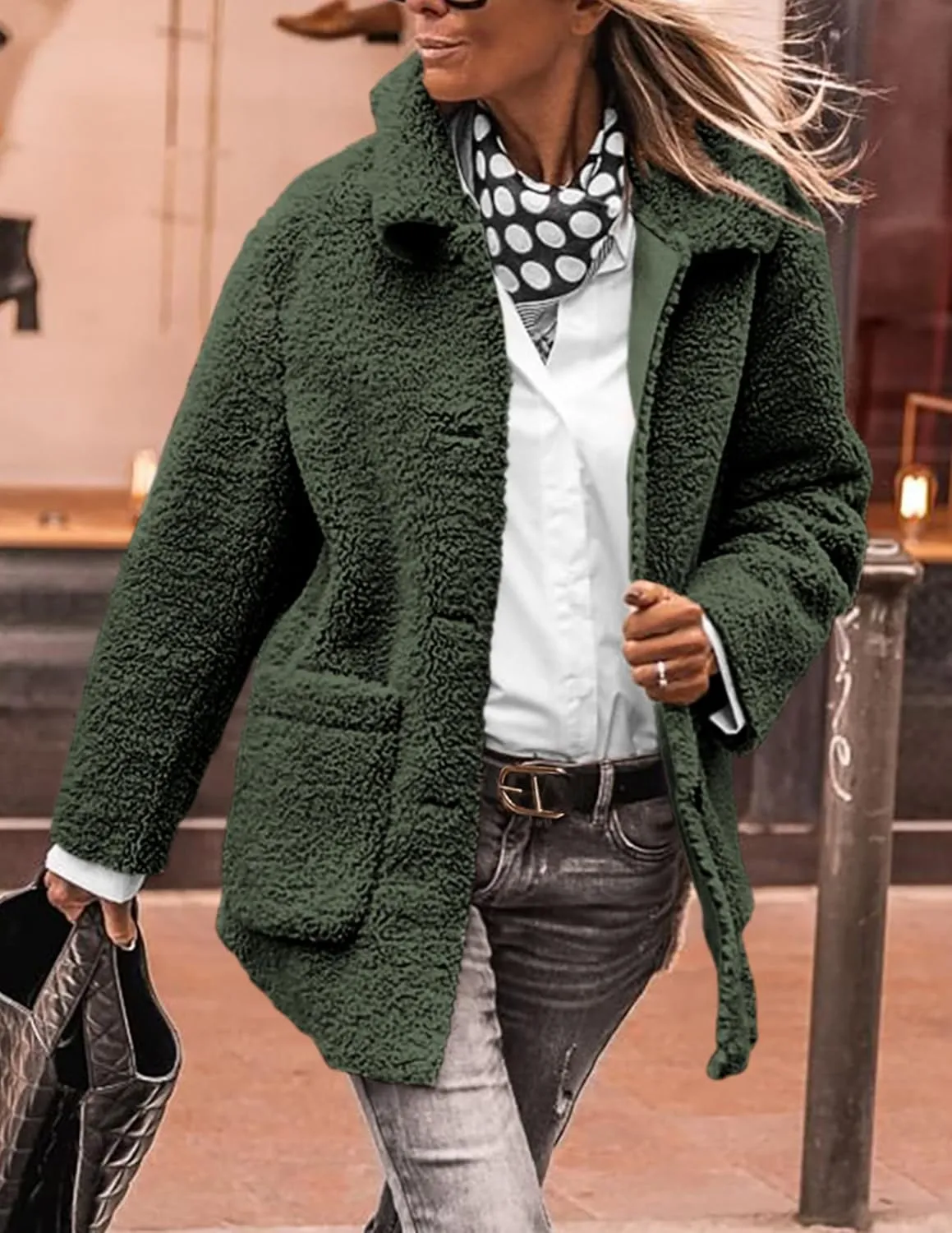 PRETTYGARDEN Women's Winter Faux Fur Coats Long Sleeve Lapel Button Down Pockets Fleece Sherpa Jacket Casual Trendy Outerwear