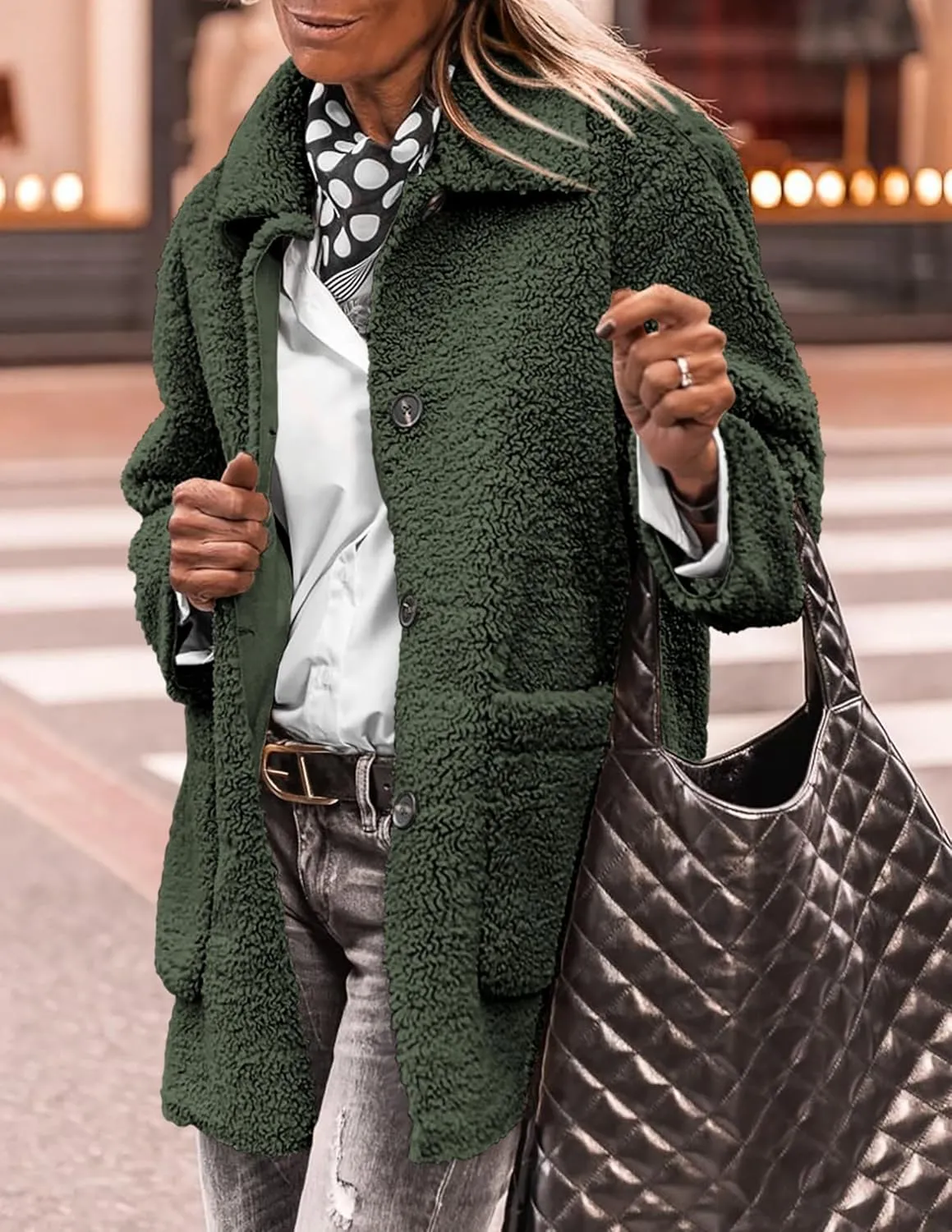 PRETTYGARDEN Women's Winter Faux Fur Coats Long Sleeve Lapel Button Down Pockets Fleece Sherpa Jacket Casual Trendy Outerwear