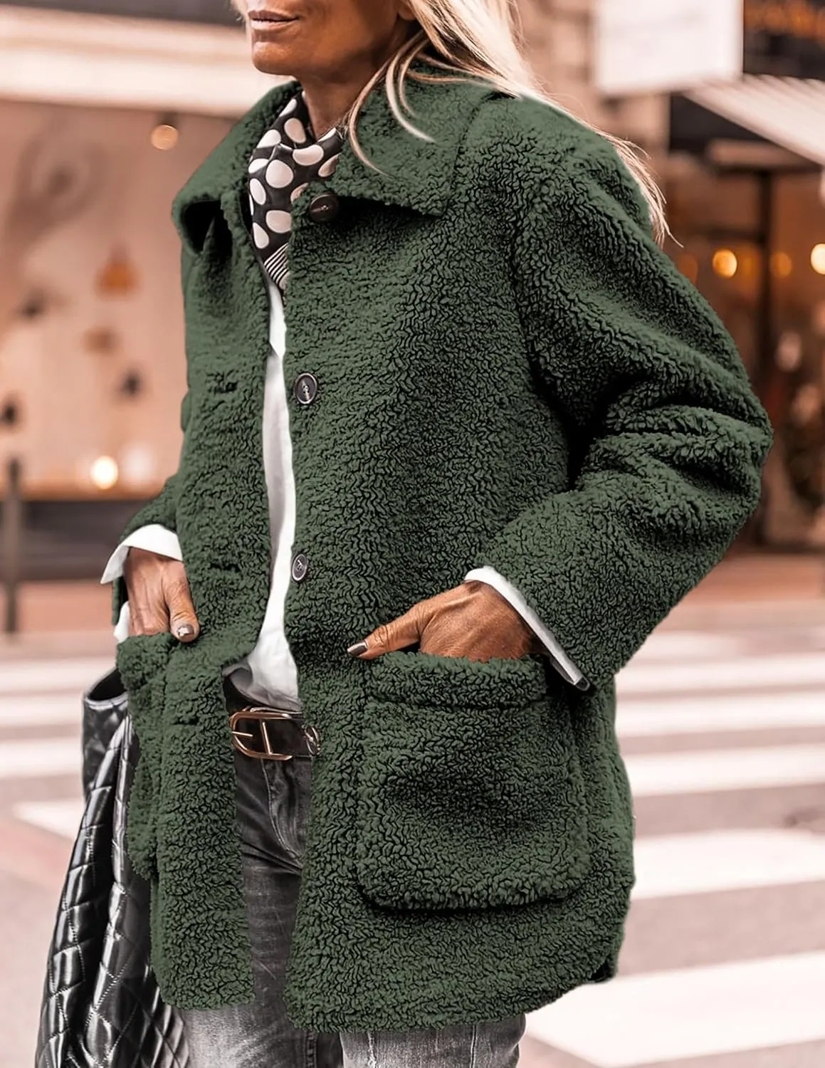 PRETTYGARDEN Women's Winter Faux Fur Coats Long Sleeve Lapel Button Down Pockets Fleece Sherpa Jacket Casual Trendy Outerwear