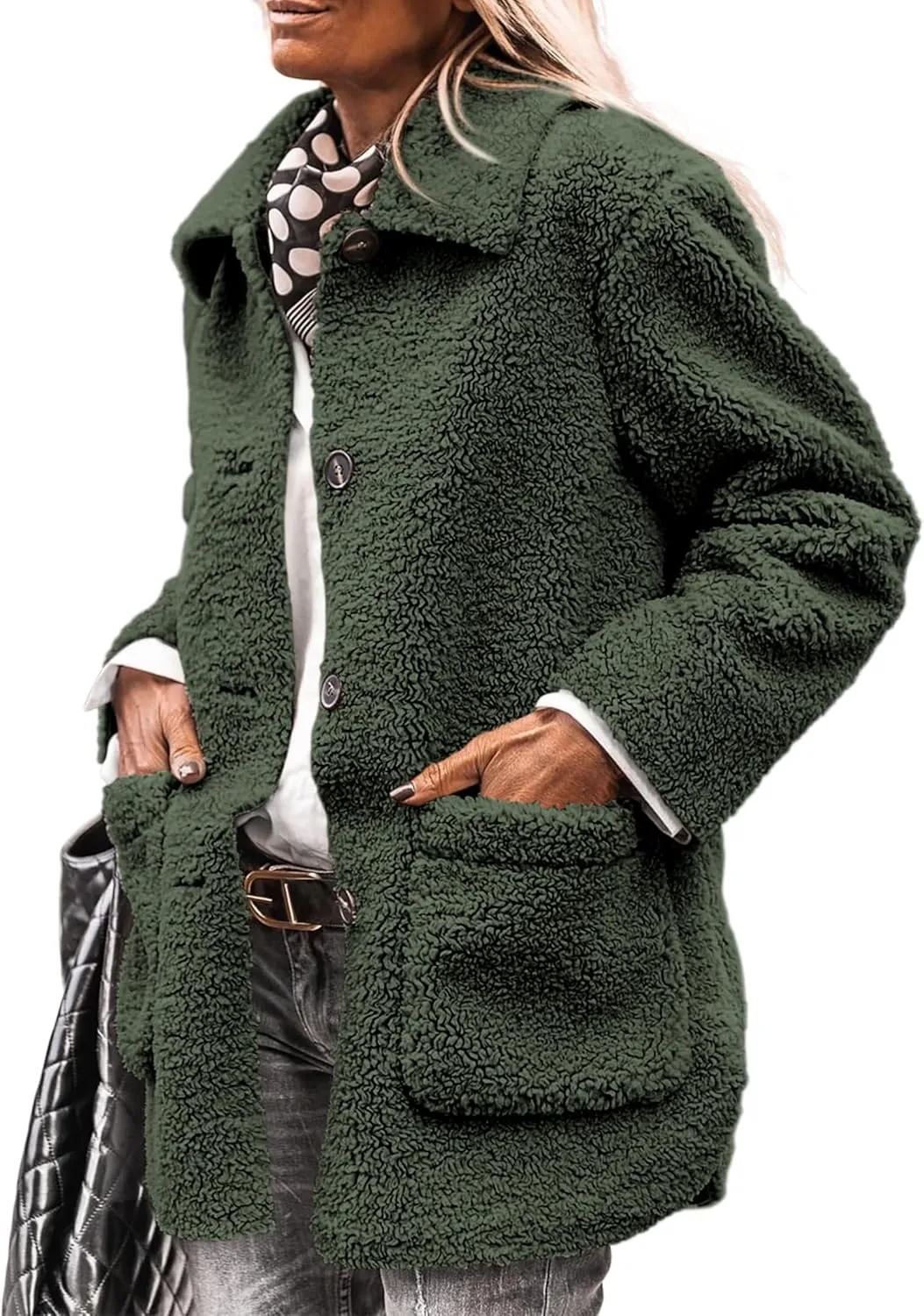 PRETTYGARDEN Women's Winter Faux Fur Coats Long Sleeve Lapel Button Down Pockets Fleece Sherpa Jacket Casual Trendy Outerwear