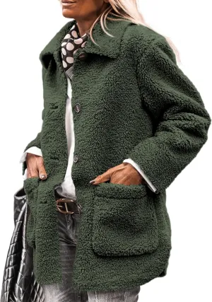 PRETTYGARDEN Women's Winter Faux Fur Coats Long Sleeve Lapel Button Down Pockets Fleece Sherpa Jacket Casual Trendy Outerwear