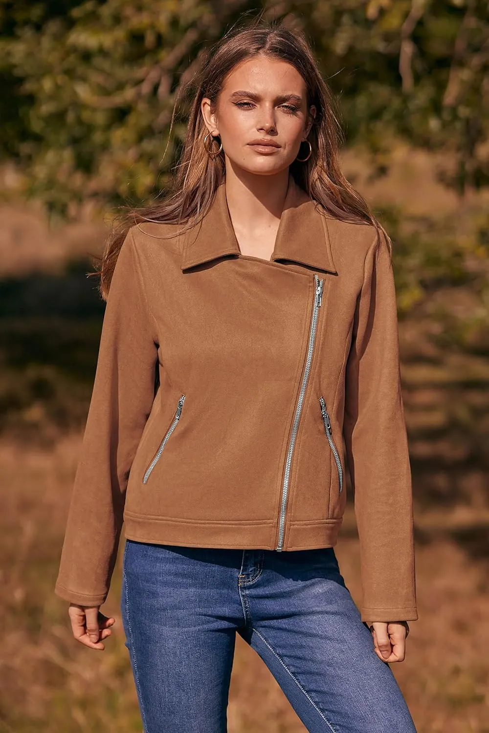 PRETTYGARDEN Womens Winter Moto Jacket Faux Suede Long Sleeve Zip Up Pockets Short Coat Y2K Fall Fashion Dressy Outerwear