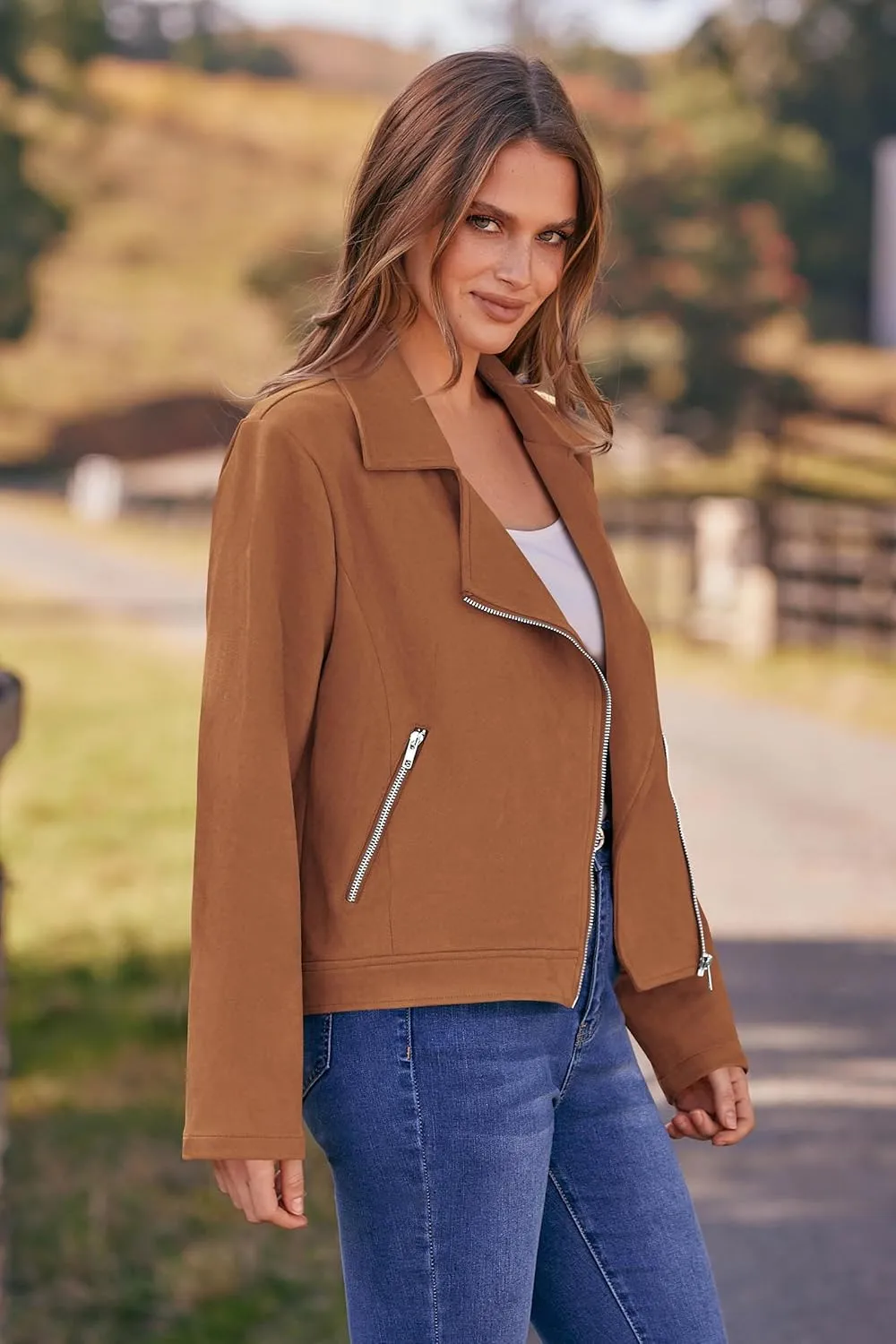 PRETTYGARDEN Womens Winter Moto Jacket Faux Suede Long Sleeve Zip Up Pockets Short Coat Y2K Fall Fashion Dressy Outerwear
