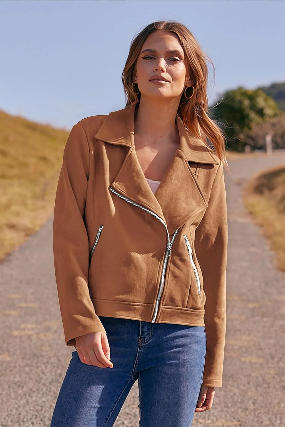 PRETTYGARDEN Womens Winter Moto Jacket Faux Suede Long Sleeve Zip Up Pockets Short Coat Y2K Fall Fashion Dressy Outerwear