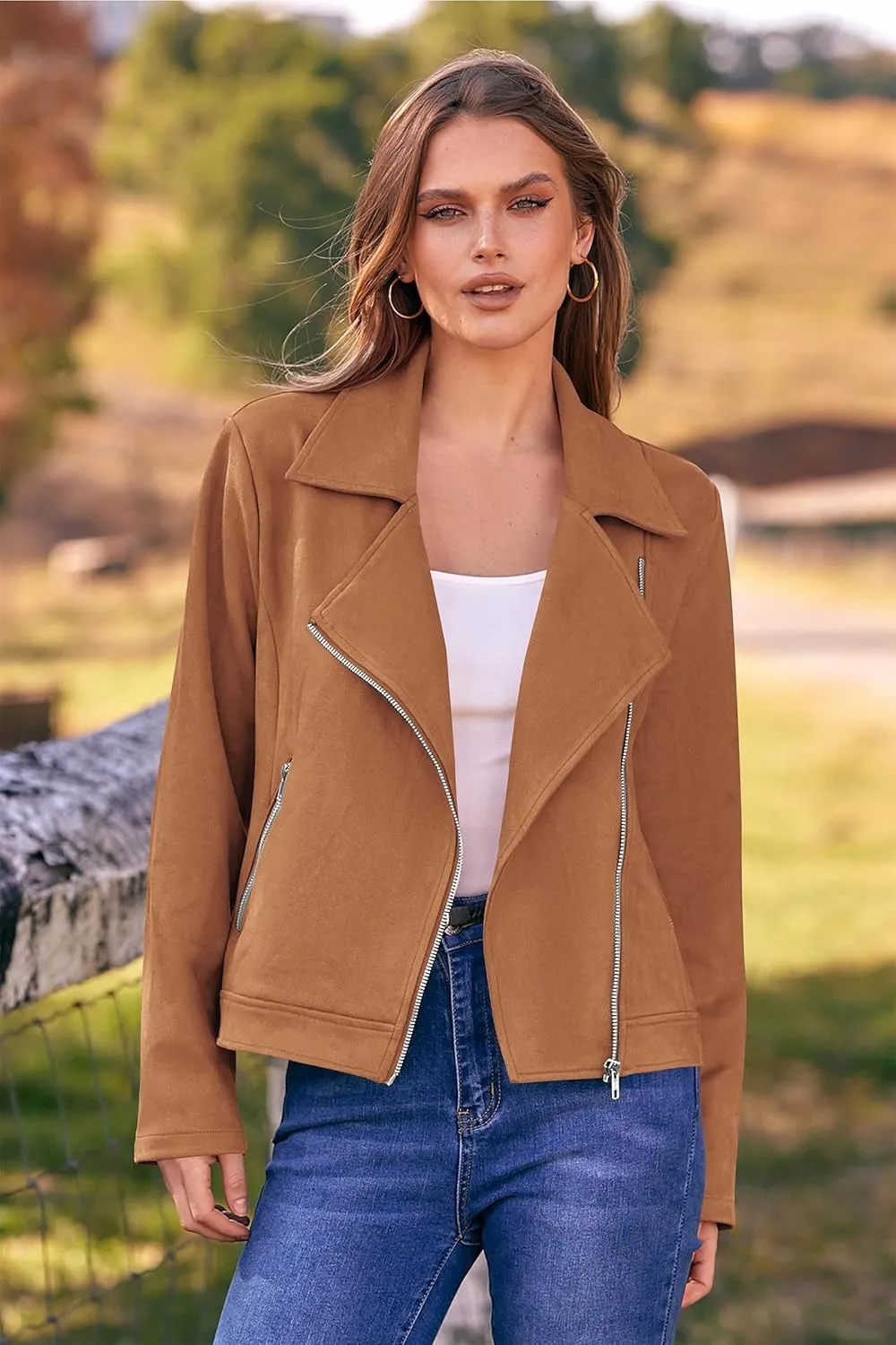 PRETTYGARDEN Womens Winter Moto Jacket Faux Suede Long Sleeve Zip Up Pockets Short Coat Y2K Fall Fashion Dressy Outerwear