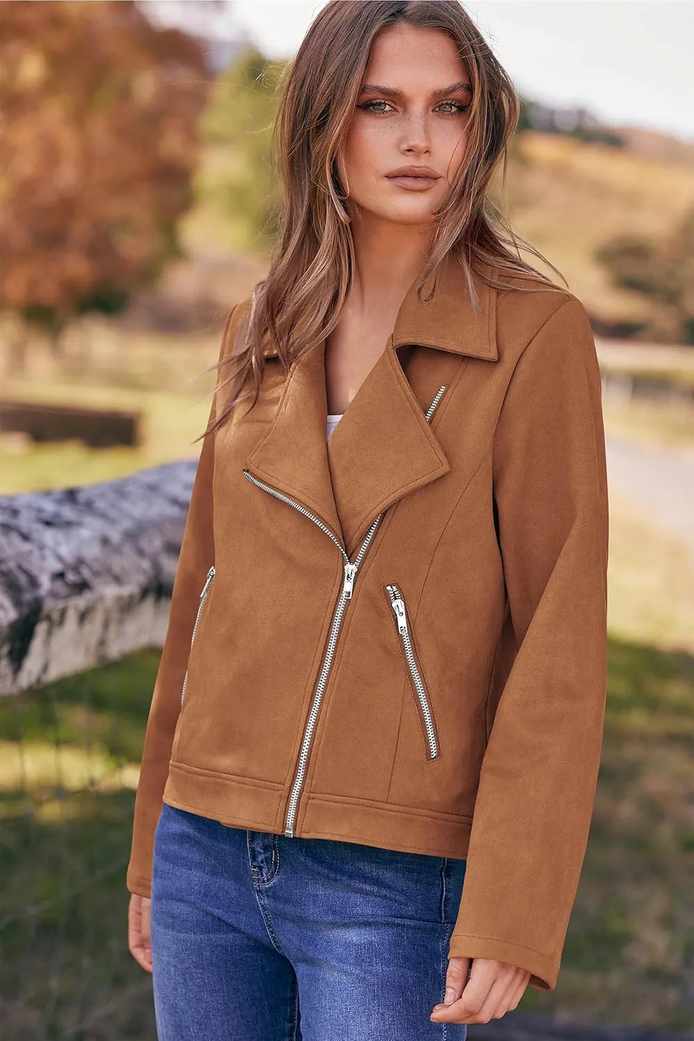 PRETTYGARDEN Womens Winter Moto Jacket Faux Suede Long Sleeve Zip Up Pockets Short Coat Y2K Fall Fashion Dressy Outerwear