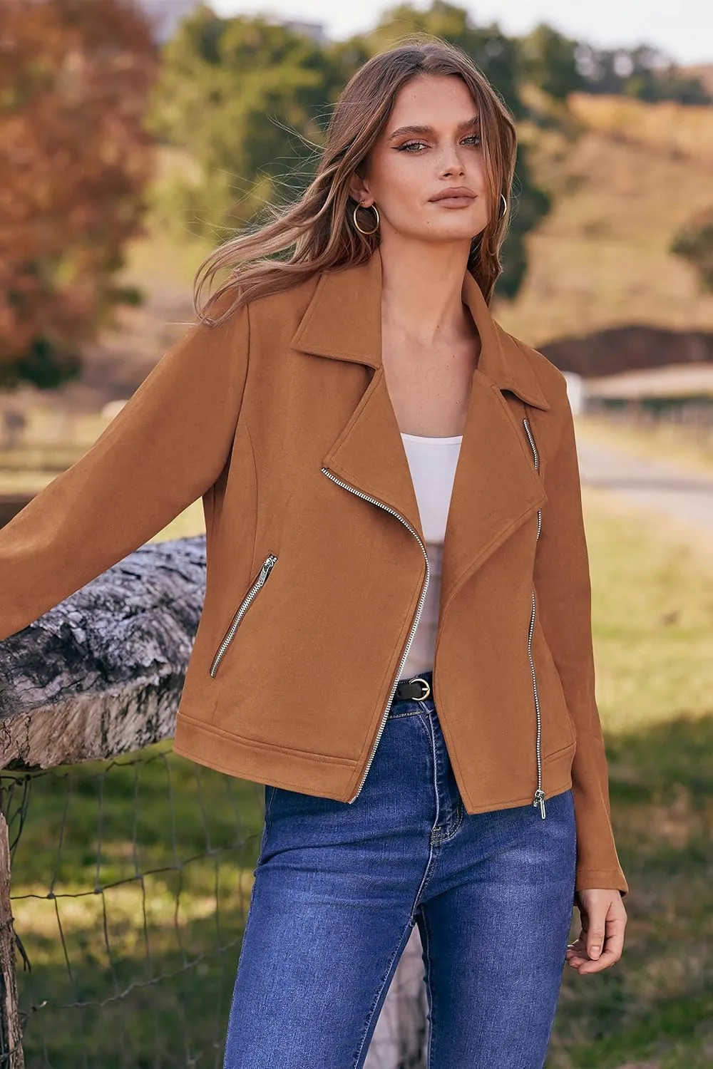 PRETTYGARDEN Womens Winter Moto Jacket Faux Suede Long Sleeve Zip Up Pockets Short Coat Y2K Fall Fashion Dressy Outerwear