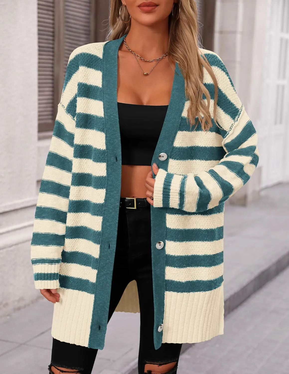 PRETTYGARDEN Women's Winter Striped Cardigan Sweaters Long Sleeve Button Down Open Front Chunky Knit Oversized Sweater Coat