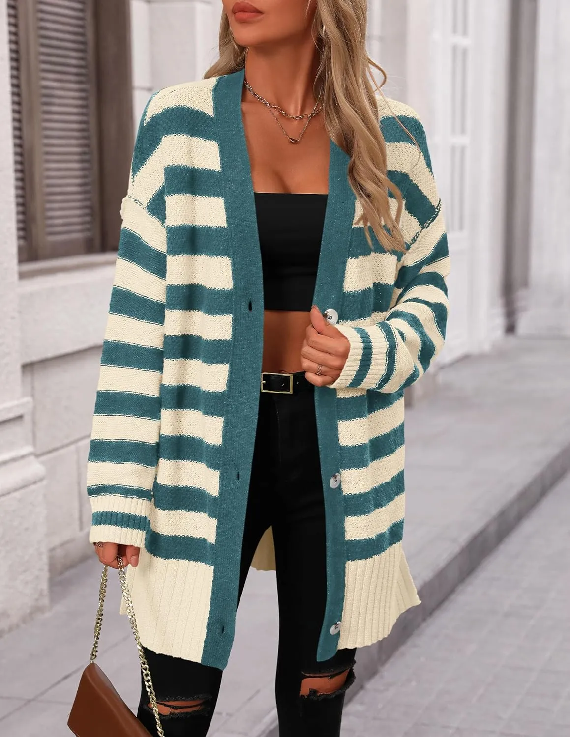 PRETTYGARDEN Women's Winter Striped Cardigan Sweaters Long Sleeve Button Down Open Front Chunky Knit Oversized Sweater Coat