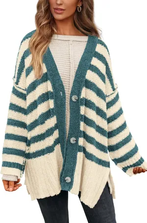 PRETTYGARDEN Women's Winter Striped Cardigan Sweaters Long Sleeve Button Down Open Front Chunky Knit Oversized Sweater Coat
