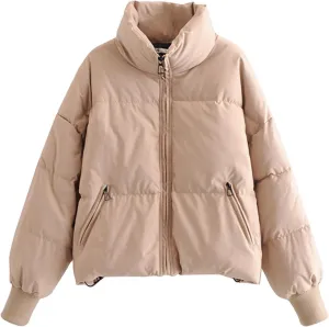 Puffer Coat for Women Winter Warm Bread Jacket Stand Collar Zipper Short Down Coat Fluffy Baggy Cotton-Padded Clothes