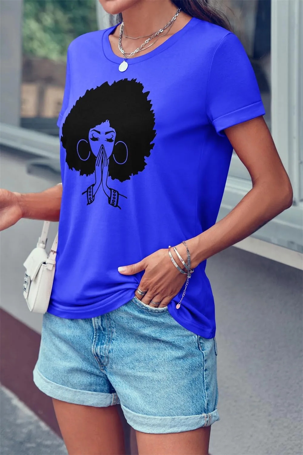 Qianxitang Women's Tops Cute Graphic Print Summer Causal Cotton Round Neck Short Sleeve Blouses T Shirt