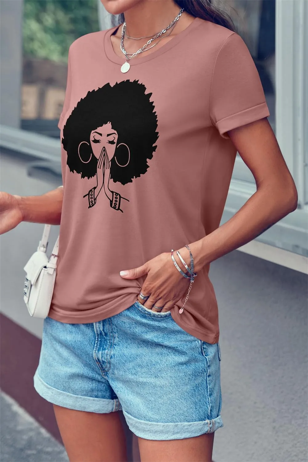 Qianxitang Women's Tops Cute Graphic Print Summer Causal Cotton Round Neck Short Sleeve Blouses T Shirt
