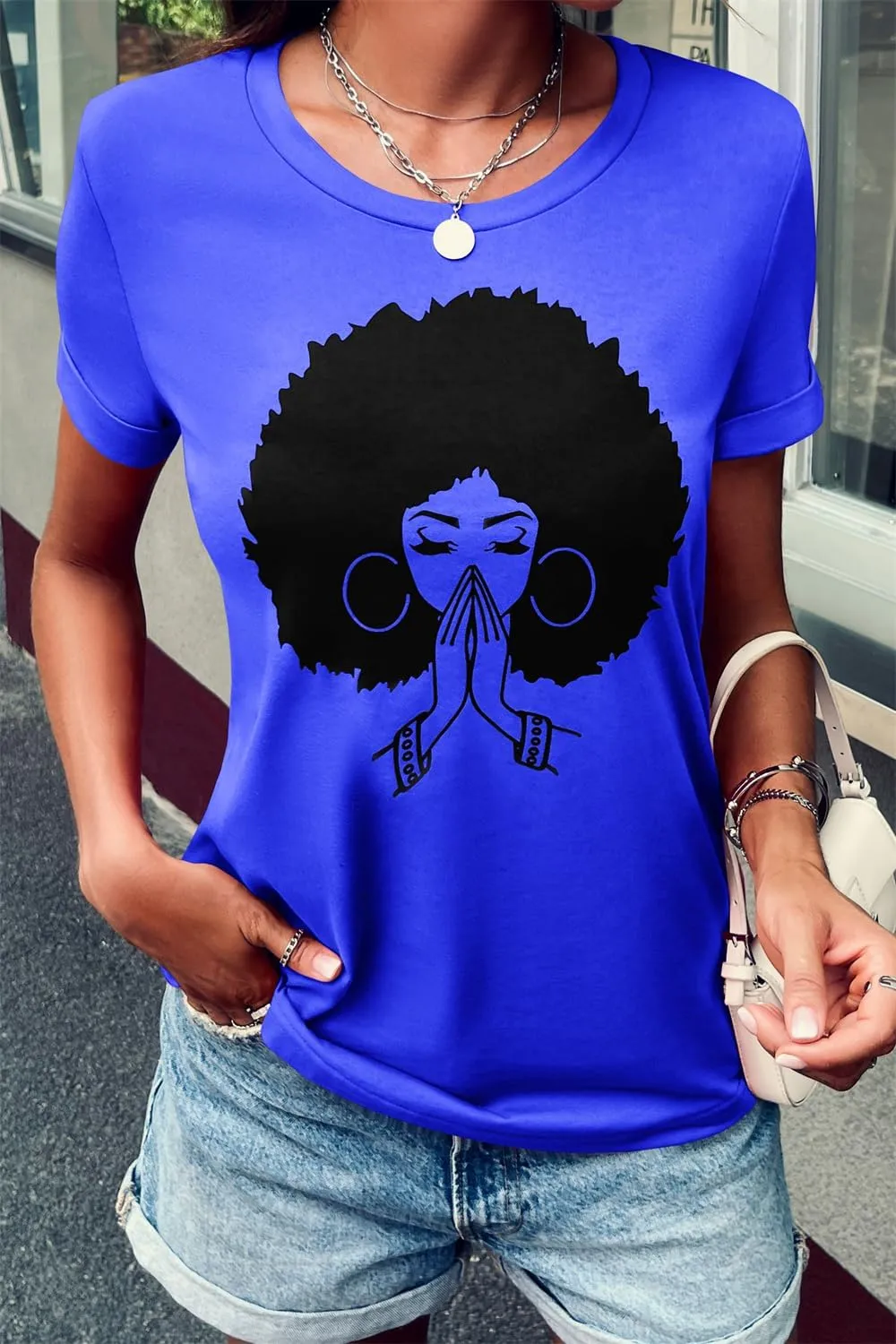 Qianxitang Women's Tops Cute Graphic Print Summer Causal Cotton Round Neck Short Sleeve Blouses T Shirt