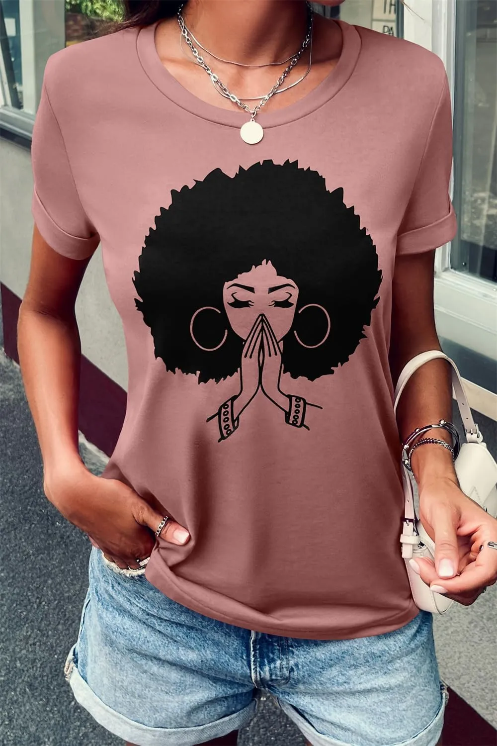Qianxitang Women's Tops Cute Graphic Print Summer Causal Cotton Round Neck Short Sleeve Blouses T Shirt
