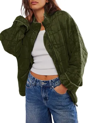 Quilted Jackets for Women Long Sleeve Zip Up Jacket Down Coat Loose Fit Puffer Jackets Winter Warm Outwear with Pockets