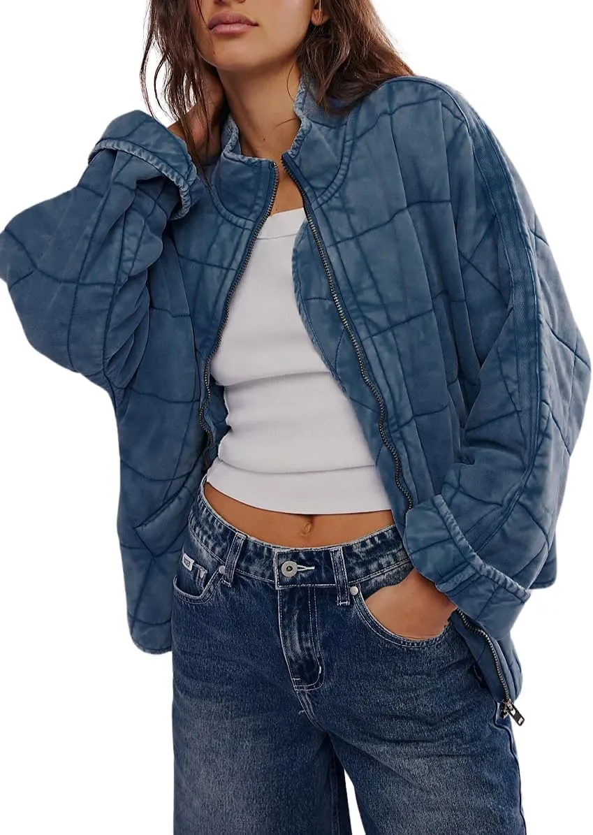 Quilted Jackets for Women Long Sleeve Zip Up Jacket Down Coat Loose Fit Puffer Jackets Winter Warm Outwear with Pockets
