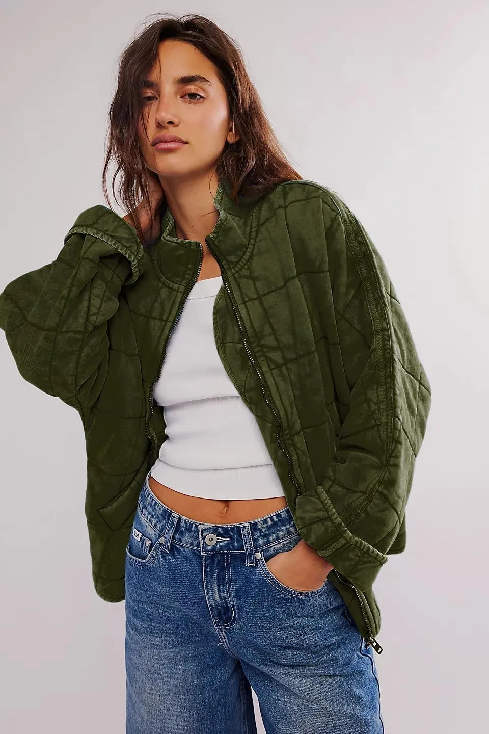 Quilted Jackets for Women Long Sleeve Zip Up Jacket Down Coat Loose Fit Puffer Jackets Winter Warm Outwear with Pockets
