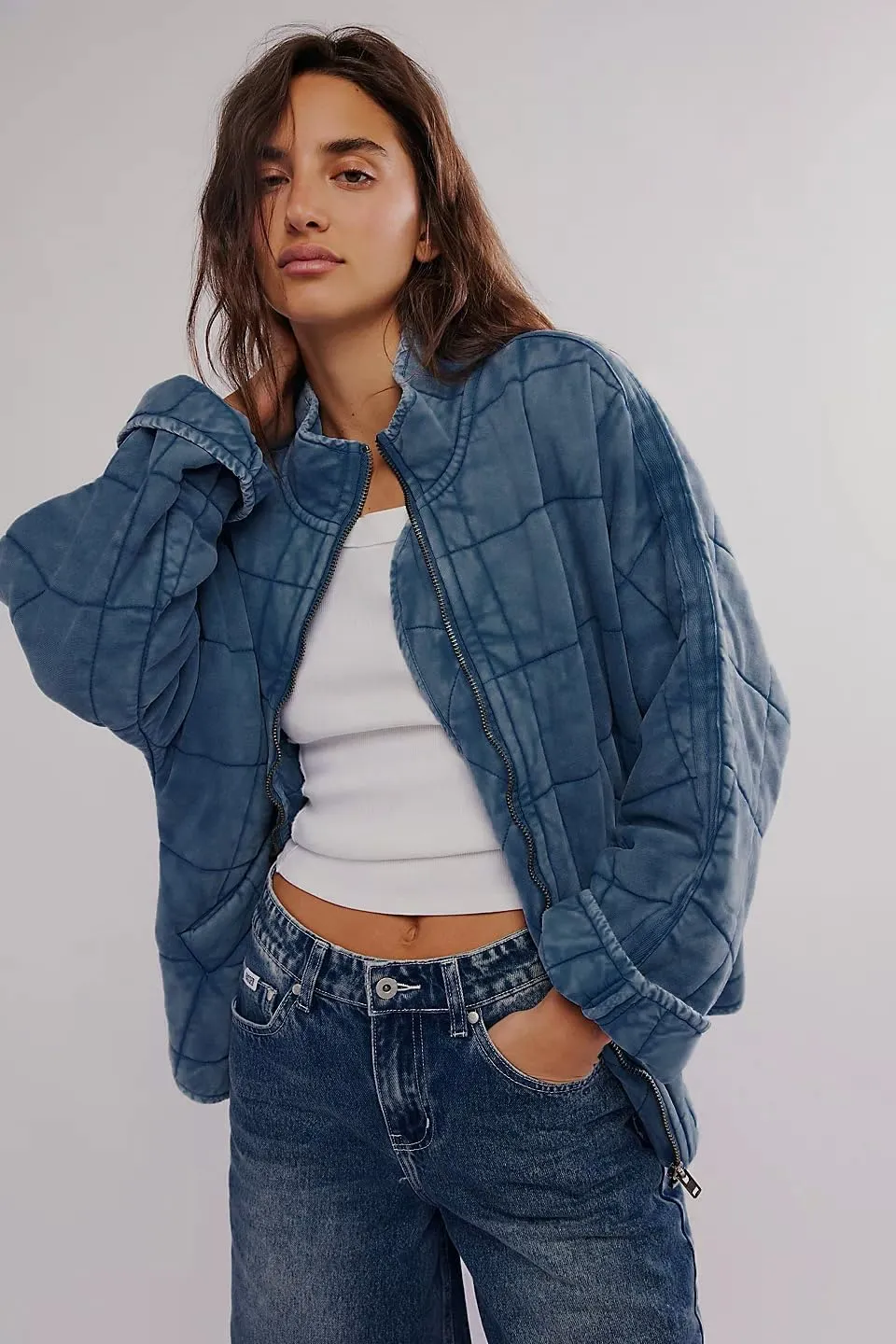 Quilted Jackets for Women Long Sleeve Zip Up Jacket Down Coat Loose Fit Puffer Jackets Winter Warm Outwear with Pockets