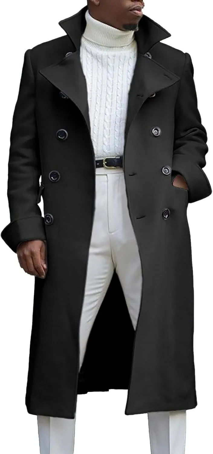 QWENTMTNTY Wool Pea Coats for Men Winter Slim Fit Casual Single Breasted Trench Coat Mid-Length Thermal Business Peacoat