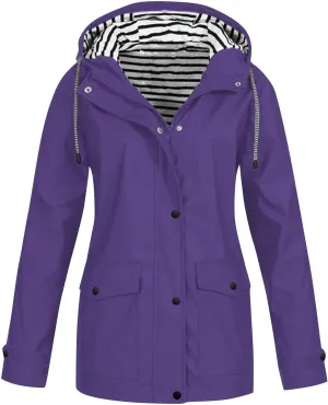 Rain Jacket Women,2024 Trendy Lightweight Zip Up Button Hooded Waterproof Windbreaker For Hiking Outdoor Travel