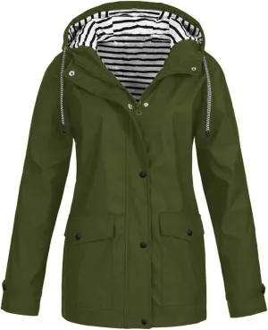 Rain Jacket Women,2024 Trendy Lightweight Zip Up Button Hooded Waterproof Windbreaker For Hiking Outdoor Travel