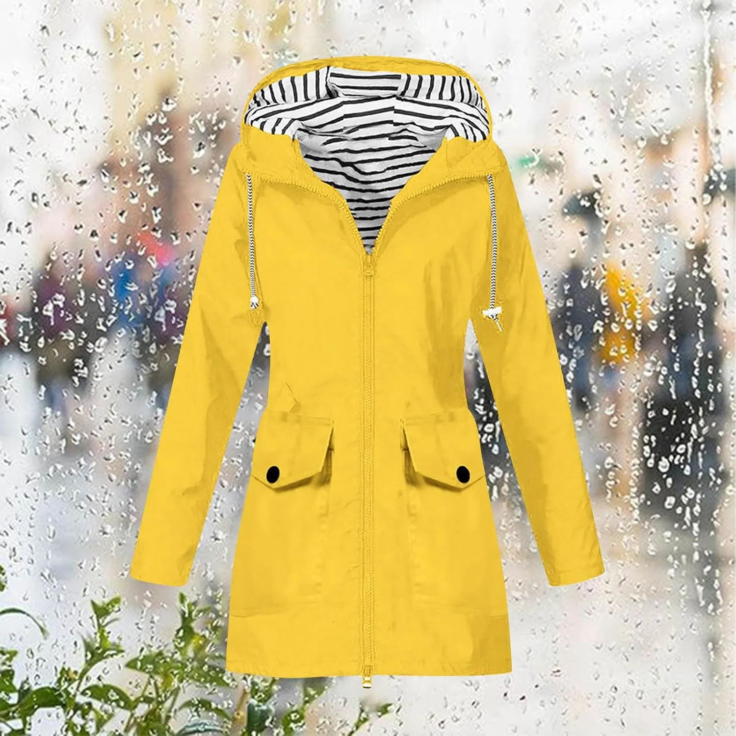 Rain Jackets for Women Waterproof Hooded Anoraks Lightweight Trench Coat Solid WindBreaker Fall Outfits with Pockets