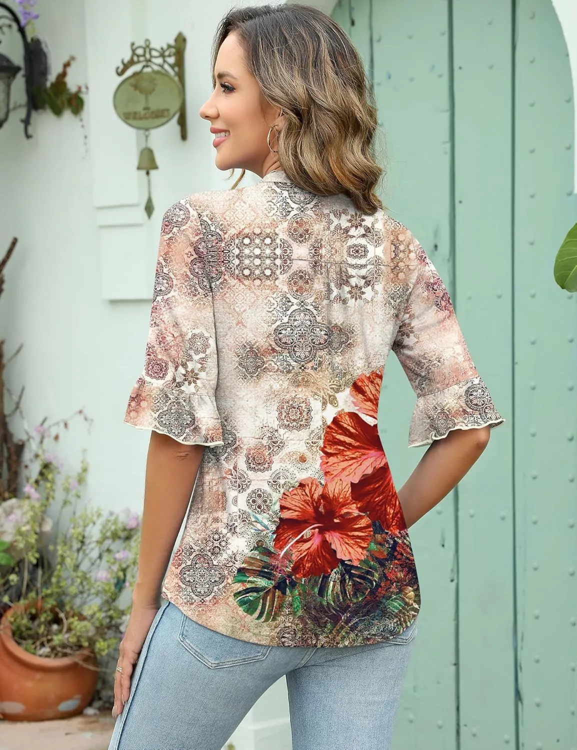 Rapbin Womens 3/4 Length Sleeve Tops Loose Fit Casual Crew Neck Shirts Ruffle Tunic Blouses