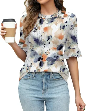Rapbin Womens 3/4 Length Sleeve Tops Loose Fit Casual Crew Neck Shirts Ruffle Tunic Blouses