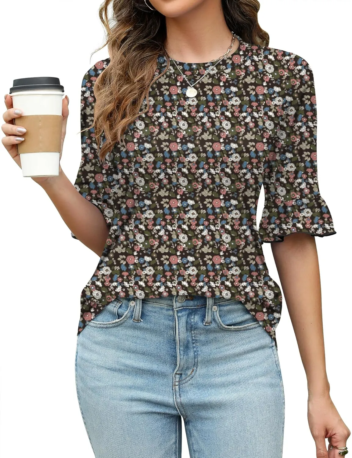Rapbin Womens 3/4 Length Sleeve Tops Loose Fit Casual Crew Neck Shirts Ruffle Tunic Blouses