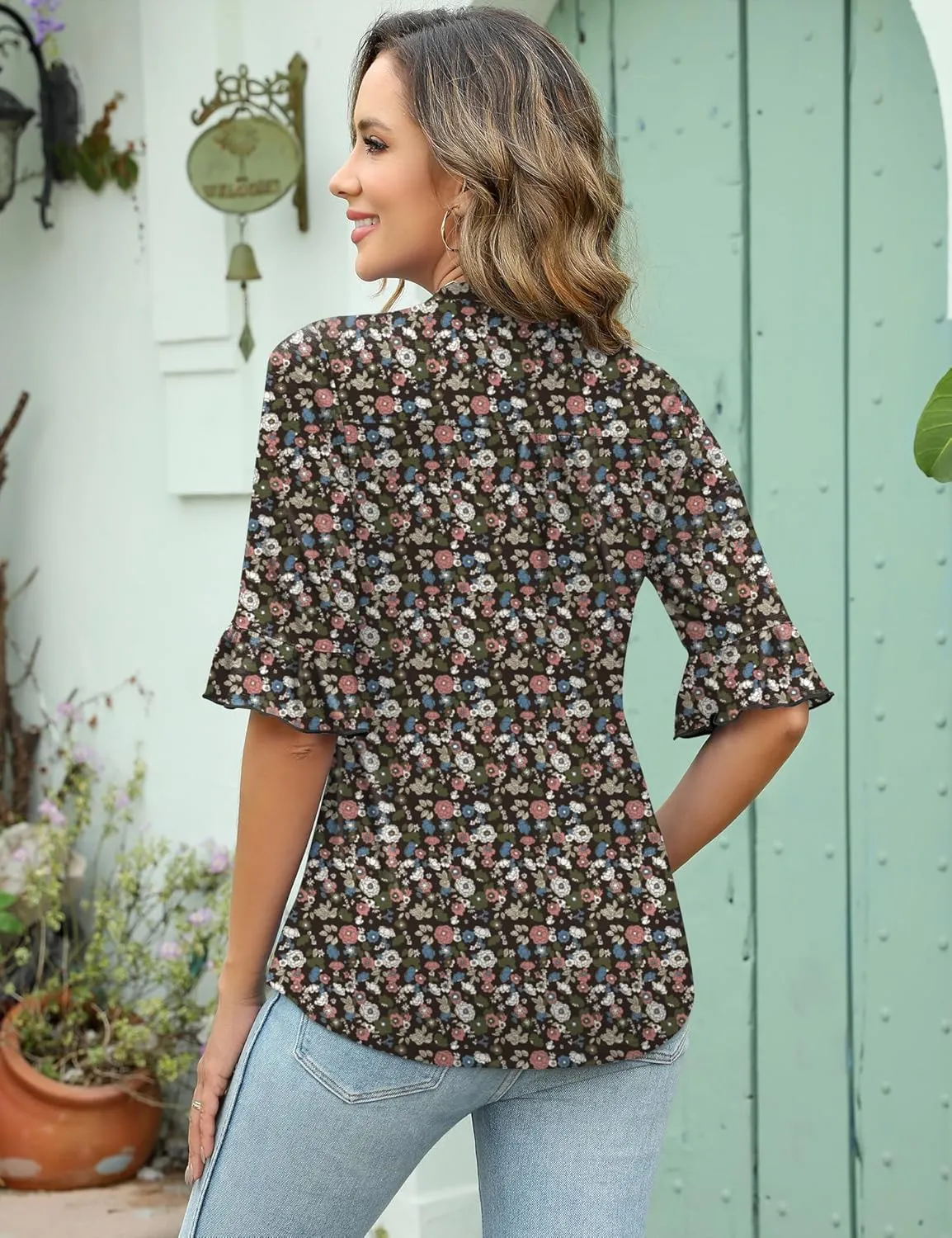 Rapbin Womens 3/4 Length Sleeve Tops Loose Fit Casual Crew Neck Shirts Ruffle Tunic Blouses