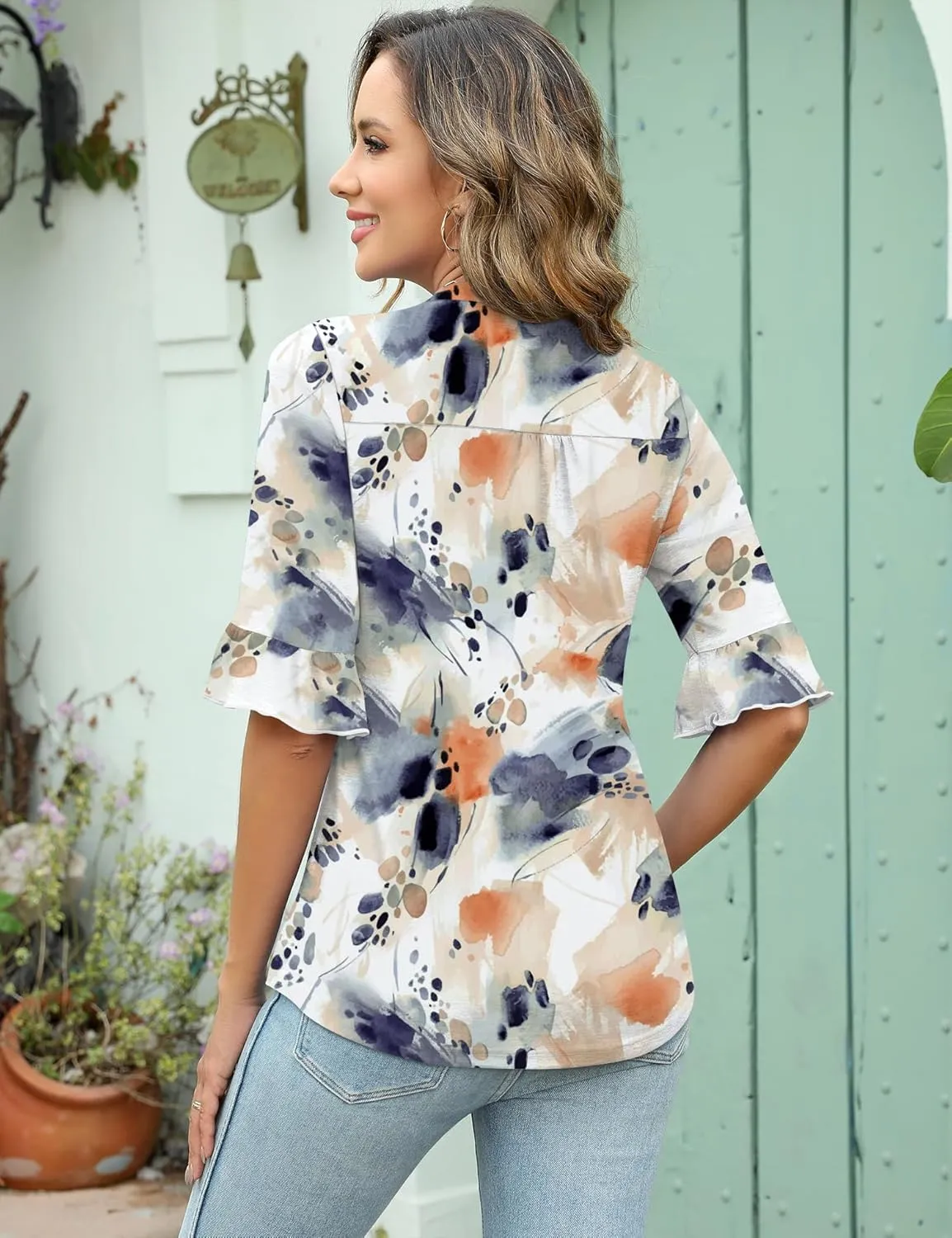 Rapbin Womens 3/4 Length Sleeve Tops Loose Fit Casual Crew Neck Shirts Ruffle Tunic Blouses