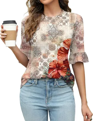 Rapbin Womens 3/4 Length Sleeve Tops Loose Fit Casual Crew Neck Shirts Ruffle Tunic Blouses