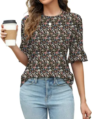 Rapbin Womens 3/4 Length Sleeve Tops Loose Fit Casual Crew Neck Shirts Ruffle Tunic Blouses