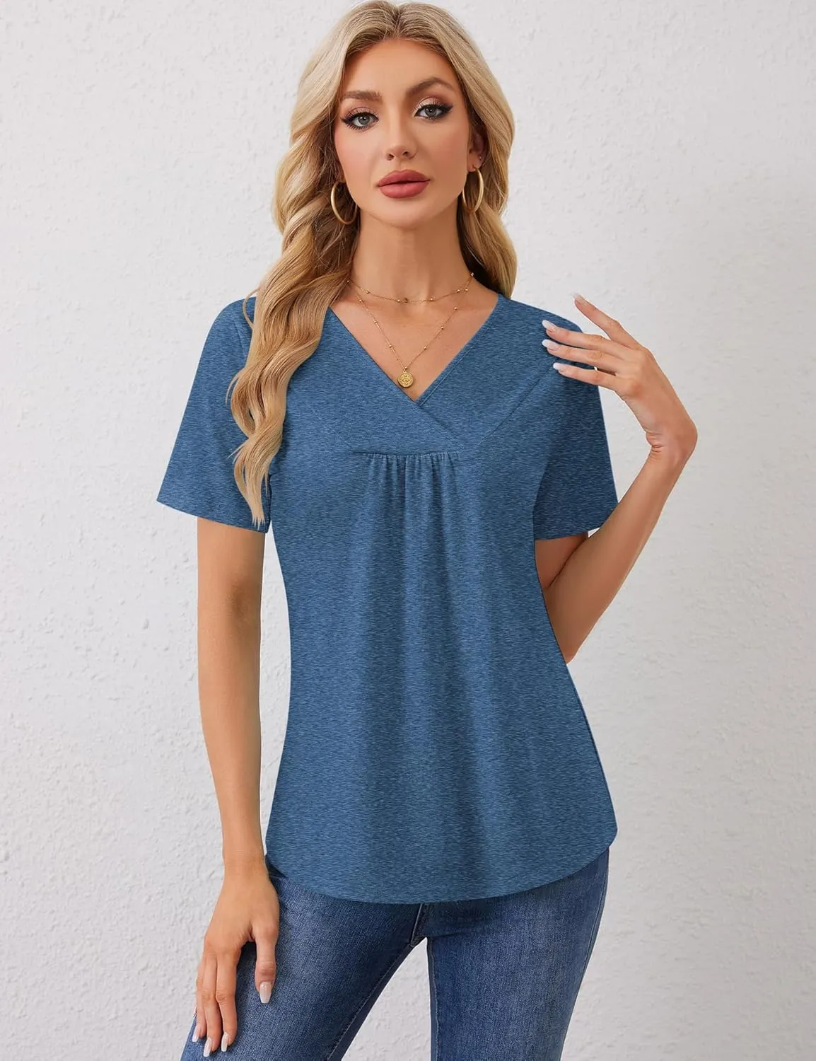 Rapbin Womens Short Sleeve Tunic Tops Dressy V Neck T Shirts Loose Fit Summer Pleated Blouses 2025