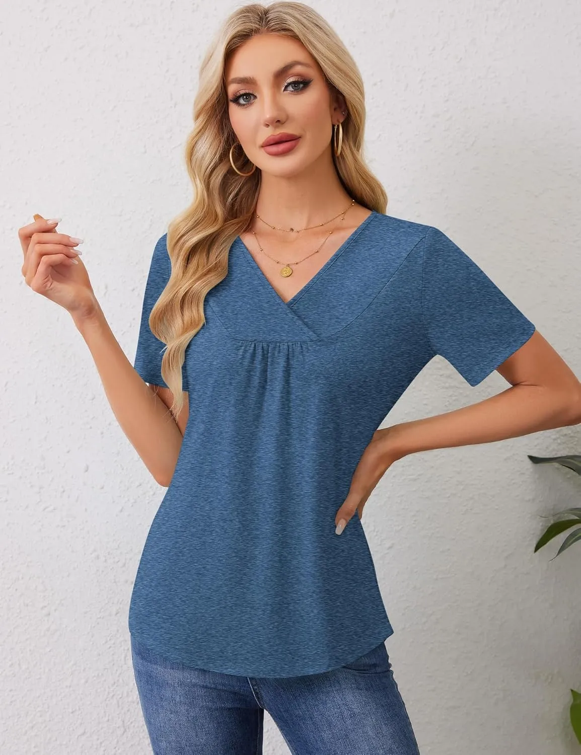 Rapbin Womens Short Sleeve Tunic Tops Dressy V Neck T Shirts Loose Fit Summer Pleated Blouses 2025