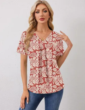 Rapbin Womens Short Sleeve Tunic Tops Dressy V Neck T Shirts Loose Fit Summer Pleated Blouses 2025