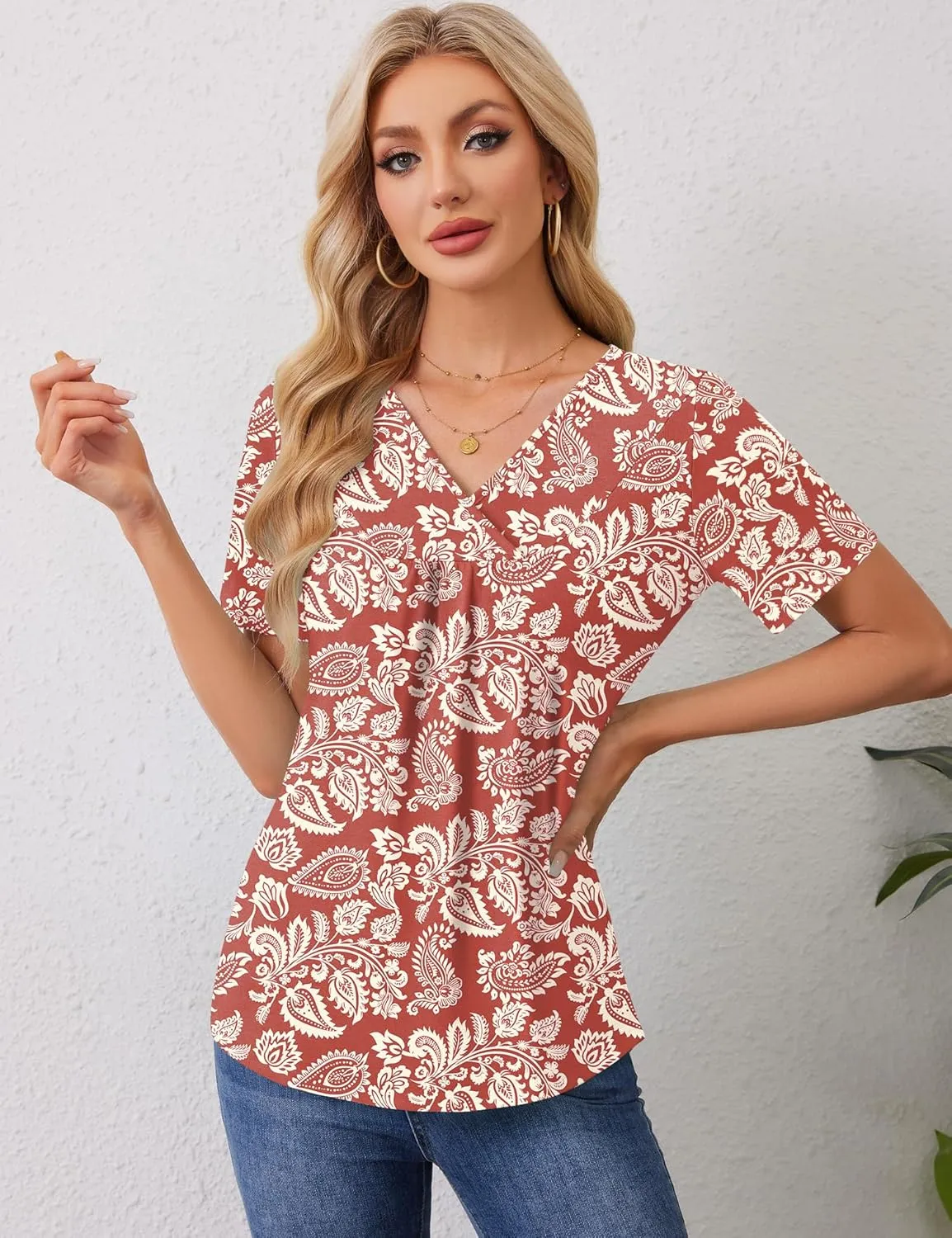 Rapbin Womens Short Sleeve Tunic Tops Dressy V Neck T Shirts Loose Fit Summer Pleated Blouses 2025