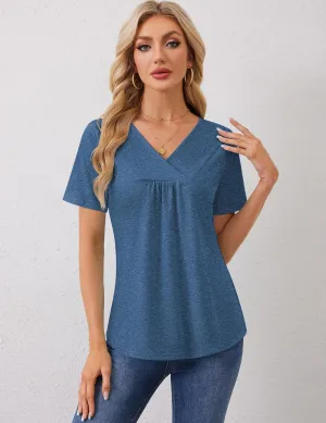 Rapbin Womens Short Sleeve Tunic Tops Dressy V Neck T Shirts Loose Fit Summer Pleated Blouses 2025