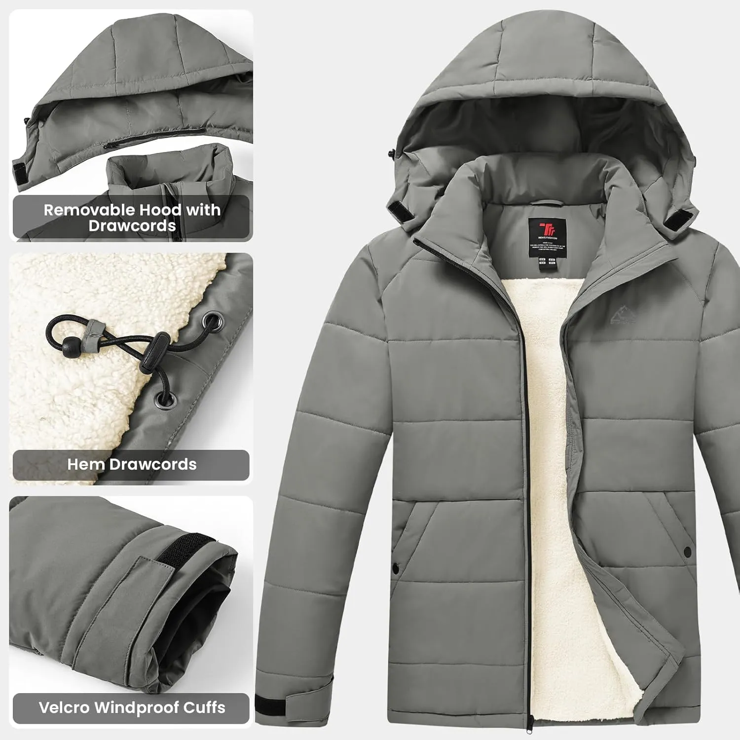 Rdruko Men's Winter Coats Water Resistant Fleece Insulated Warm Windproof Thicken Hooded Jacket