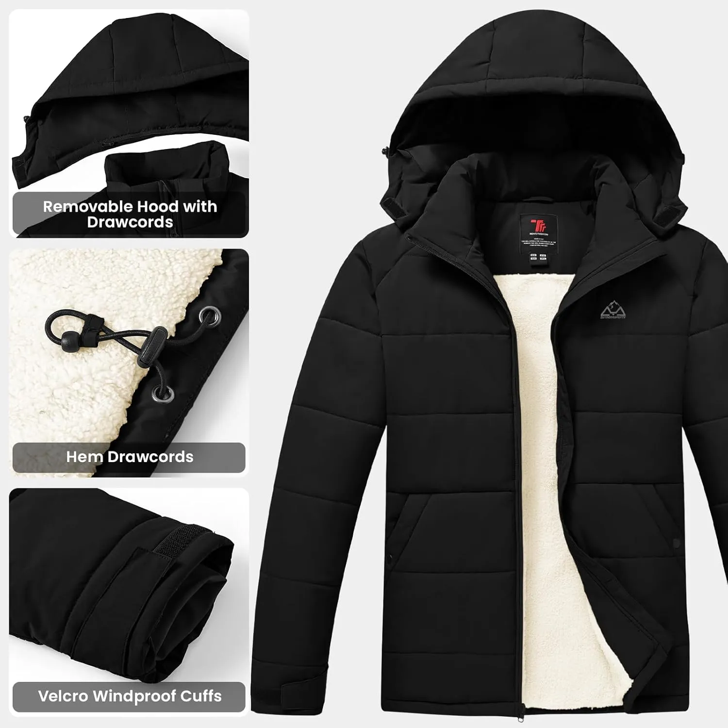 Rdruko Men's Winter Coats Water Resistant Fleece Insulated Warm Windproof Thicken Hooded Jacket