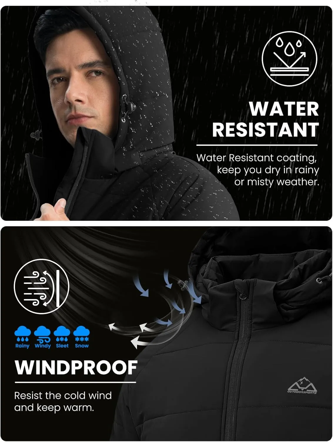 Rdruko Men's Winter Coats Water Resistant Fleece Insulated Warm Windproof Thicken Hooded Jacket