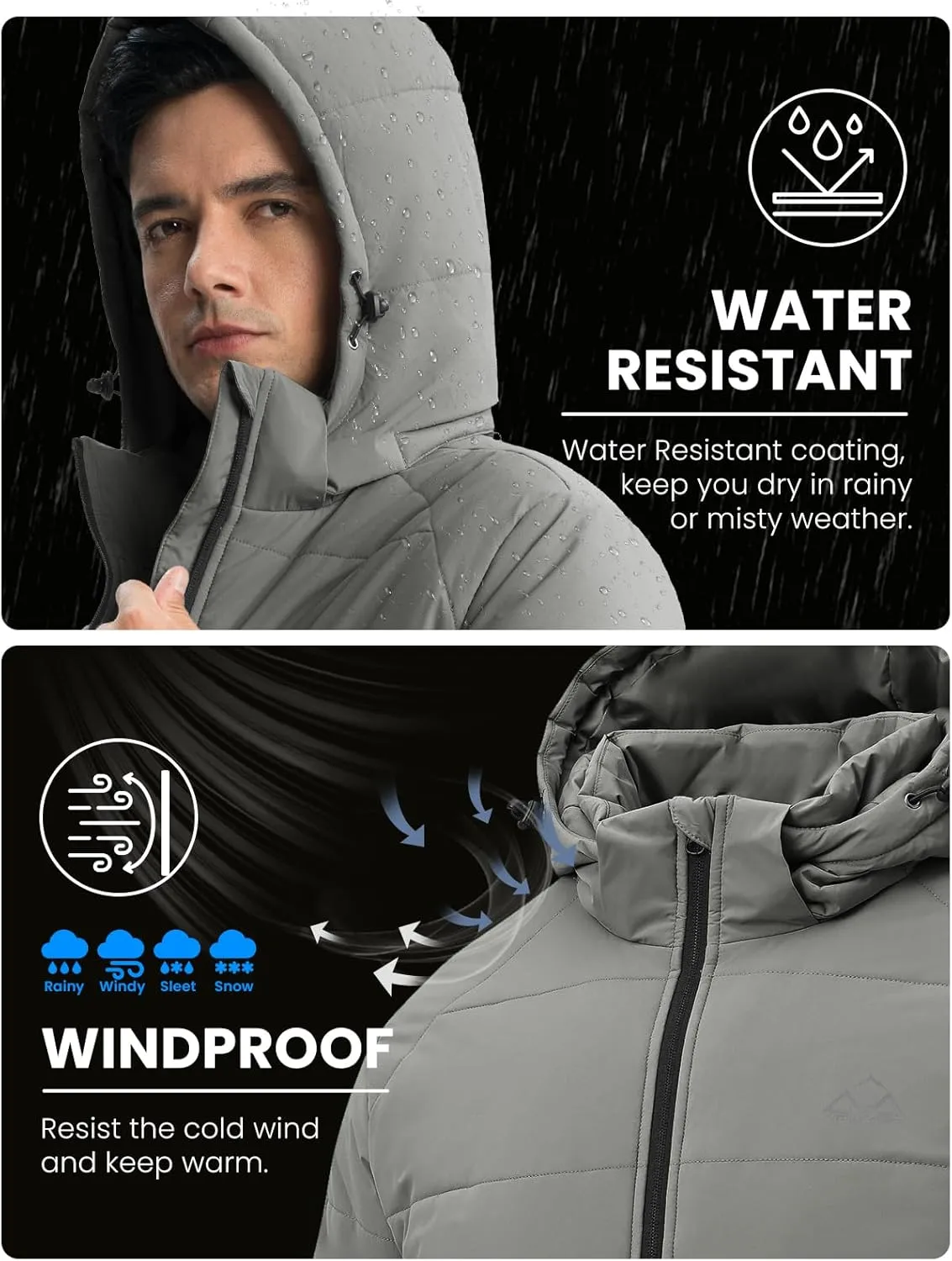 Rdruko Men's Winter Coats Water Resistant Fleece Insulated Warm Windproof Thicken Hooded Jacket